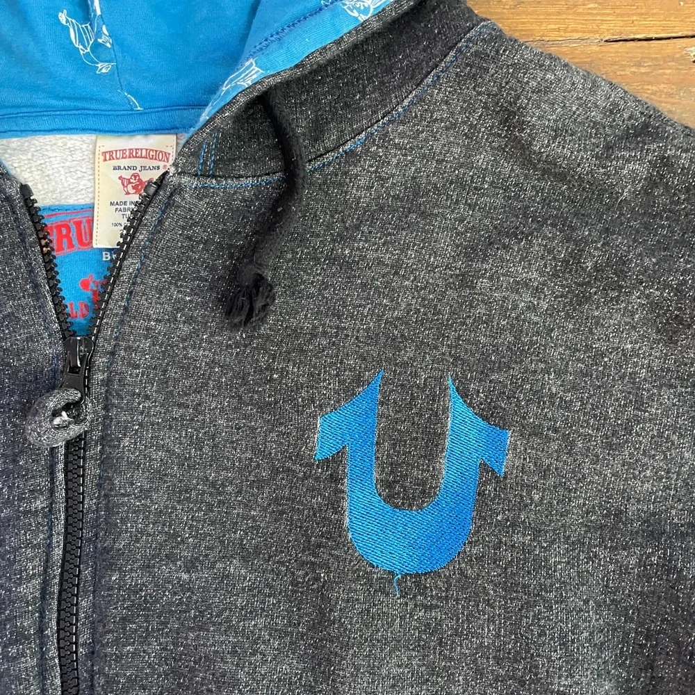 Y2K True Religion Raised Spellout Full Zip Hoodie Charcoal Blue Men’s 2XL🧡🎀